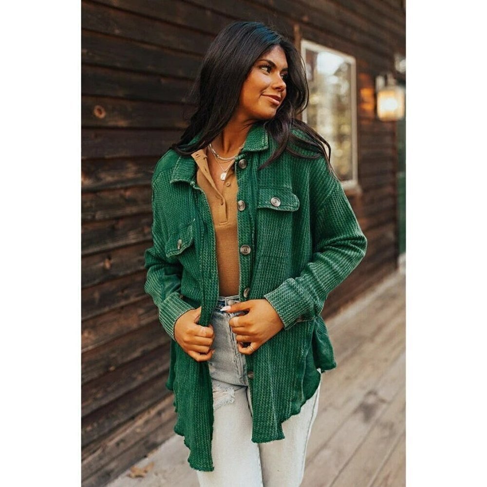 Meet You There Cotton Waffle Acid Wash Oversized Shacket in Dark Green